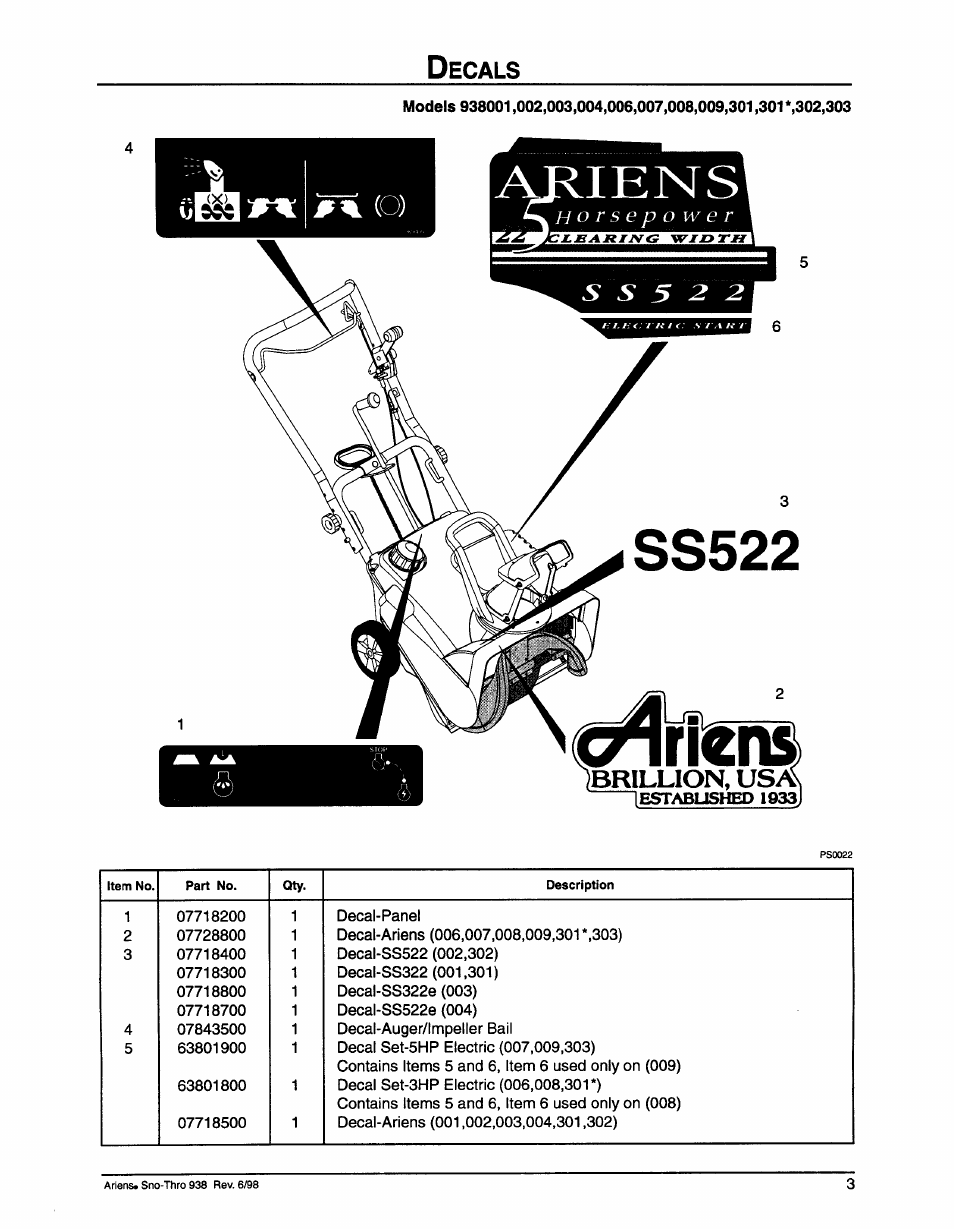 Decals, Lens, Ecals | Ariens SNO-THRO 009-SS522E User Manual | Page 5 / 14