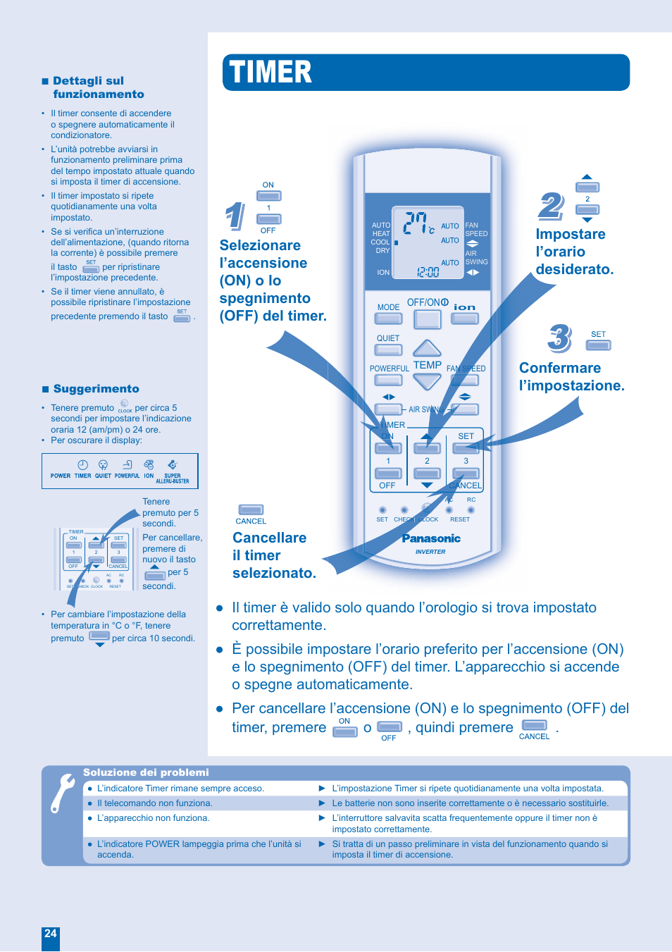 Timer, Impostare l’orario desiderato, Confermare l’impostazione | Cancellare il timer selezionato | Panasonic CUE18EKEA User Manual | Page 8 / 12