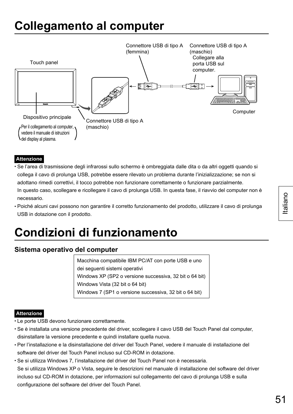 Collegamento al computer, Condizioni di funzionamento, Italiano sistema operativo del computer | Panasonic TYTP65P30K User Manual | Page 51 / 108