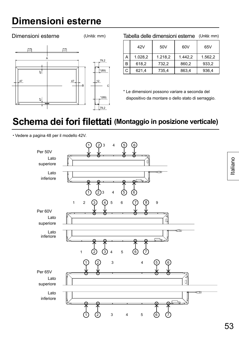 Dimensioni esterne, Schema dei fori fi lettati, Montaggio in posizione verticale) | Italiano, Tabella delle dimensioni esterne | Panasonic TYTP65P30K User Manual | Page 53 / 108