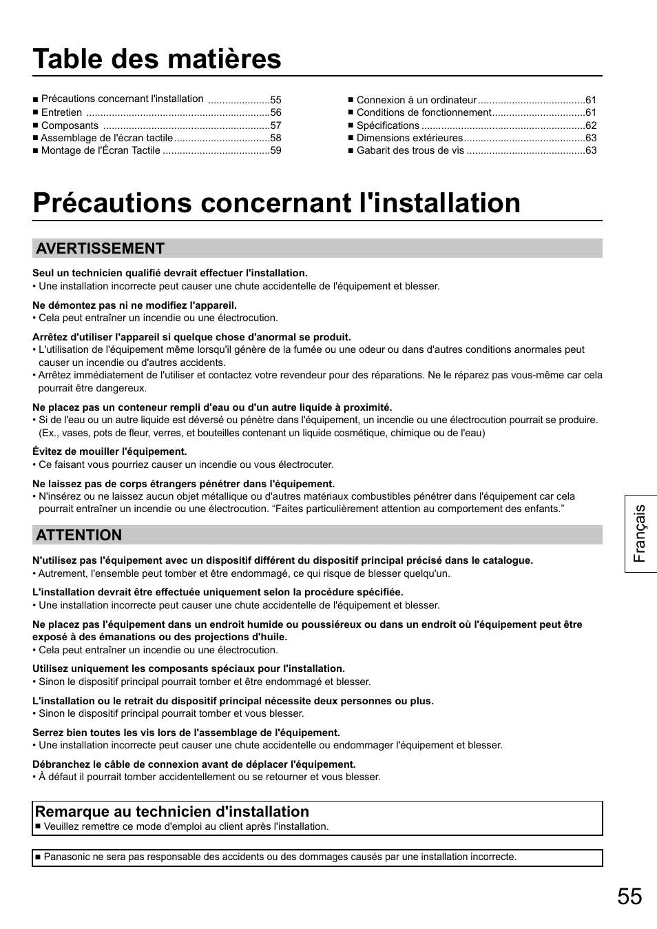 Français, Avertissement attention, Remarque au technicien d'installation | Panasonic TYTP65P30K User Manual | Page 55 / 108