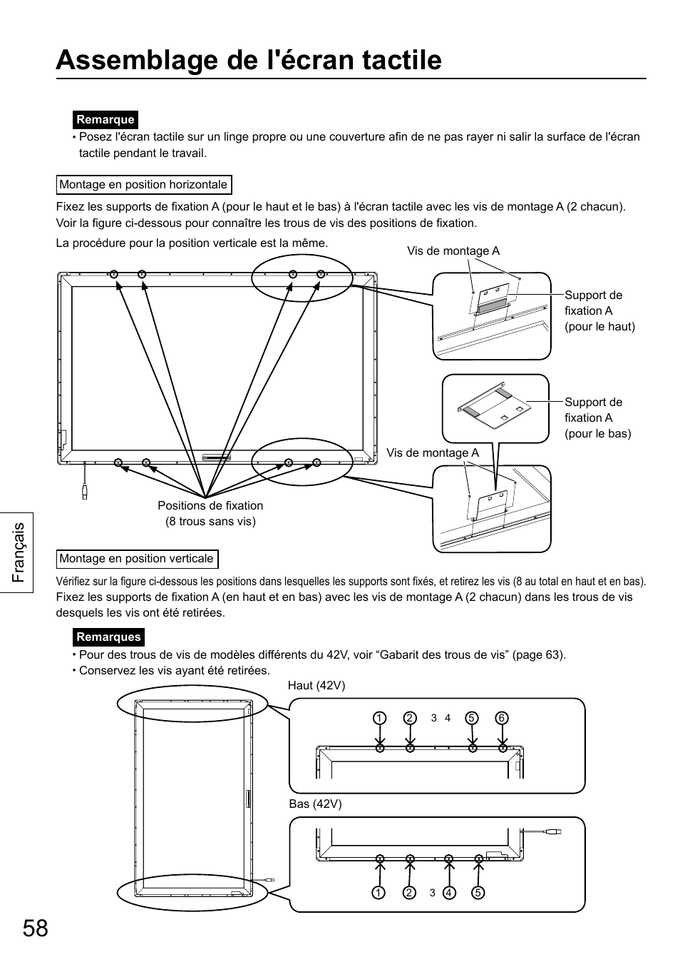 Assemblage de l'écran tactile, Français | Panasonic TYTP65P30K User Manual | Page 58 / 108