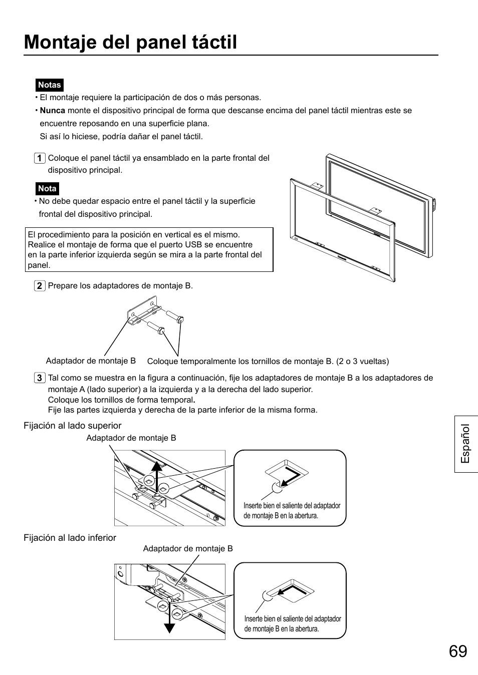 Montaje del panel táctil, Español | Panasonic TYTP65P30K User Manual | Page 69 / 108