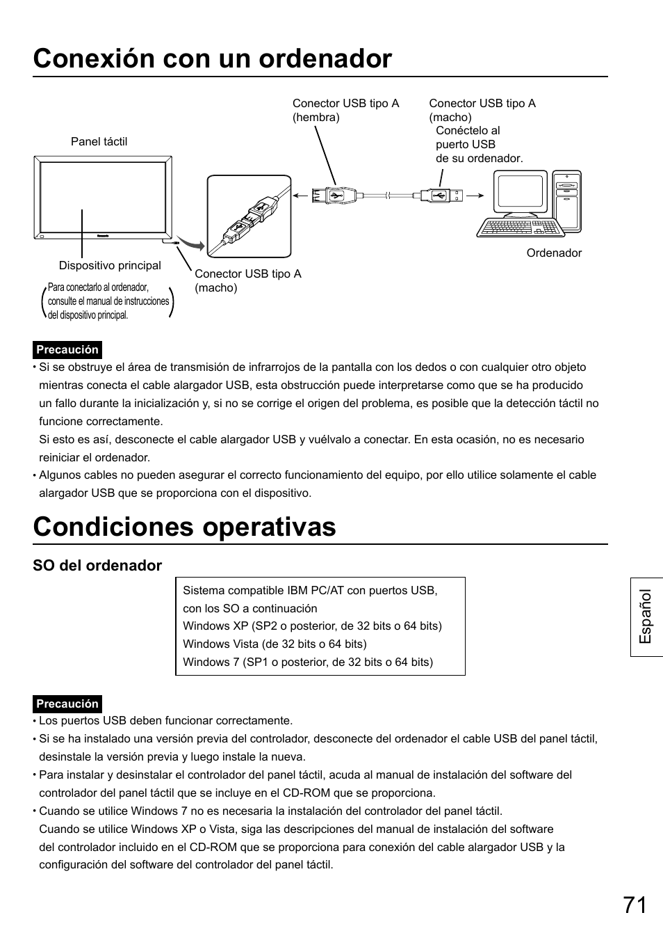 Conexión con un ordenador, Condiciones operativas, Español so del ordenador | Panasonic TYTP65P30K User Manual | Page 71 / 108