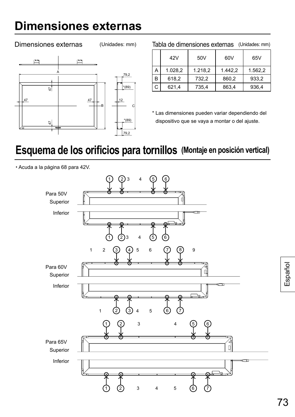 Dimensiones externas, Esquema de los orifi cios para tornillos, Montaje en posición vertical) | Español, Tabla de dimensiones externas | Panasonic TYTP65P30K User Manual | Page 73 / 108