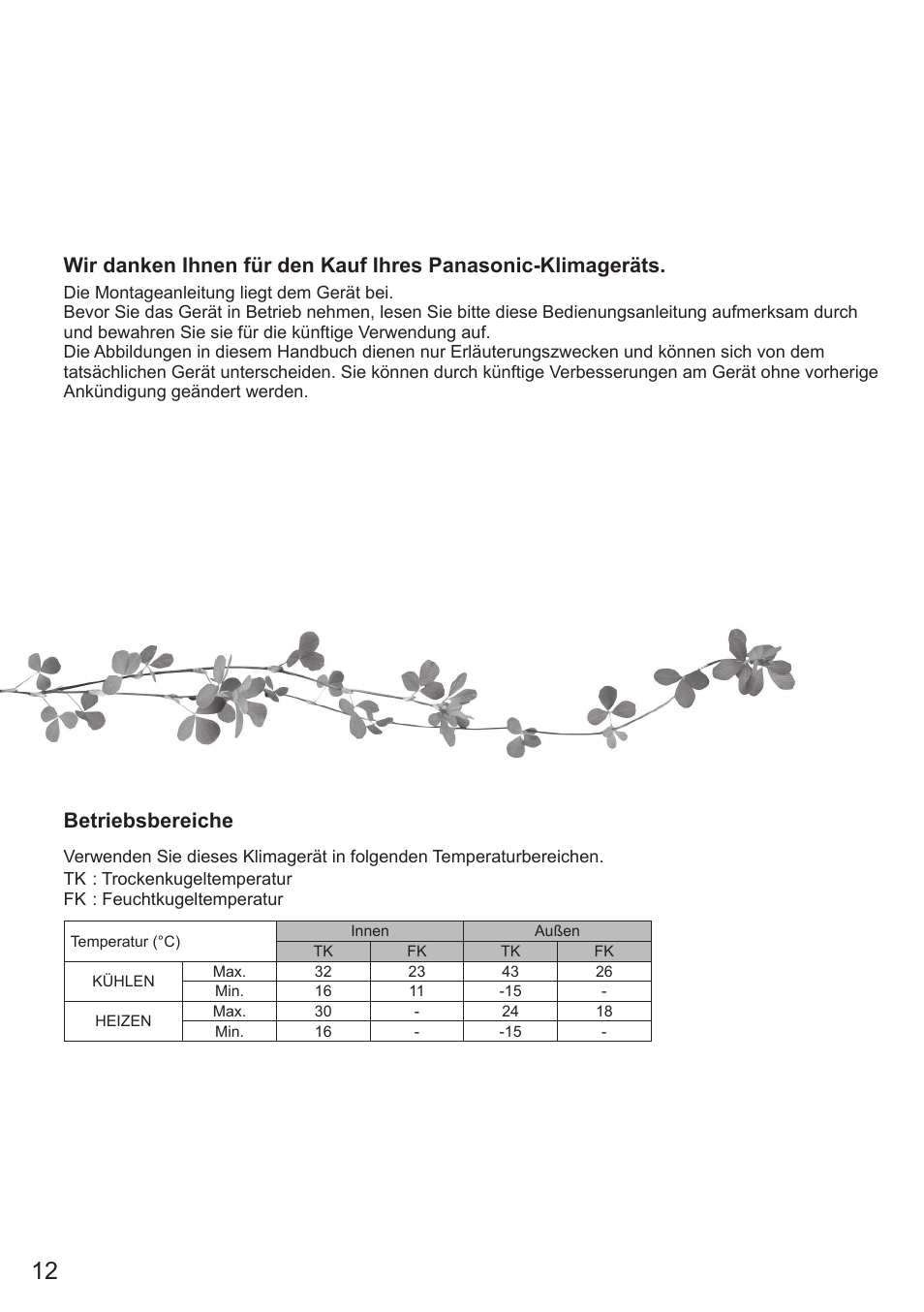 Betriebsbereiche | Panasonic CSE9PKEA User Manual | Page 12 / 92