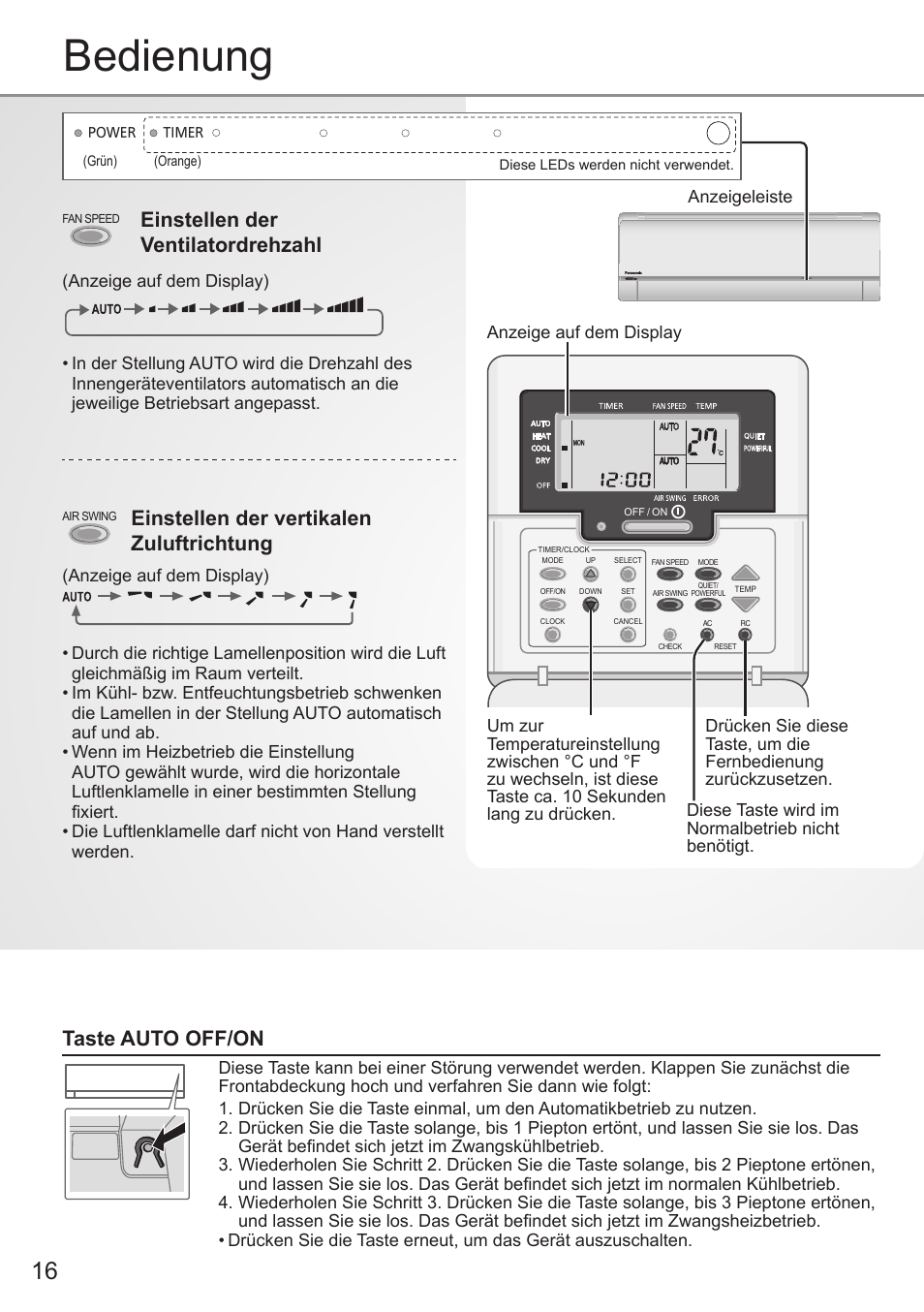 Bedienung, Einstellen der ventilatordrehzahl, Einstellen der vertikalen zuluftrichtung | Taste auto off/on | Panasonic CSE9PKEA User Manual | Page 16 / 92