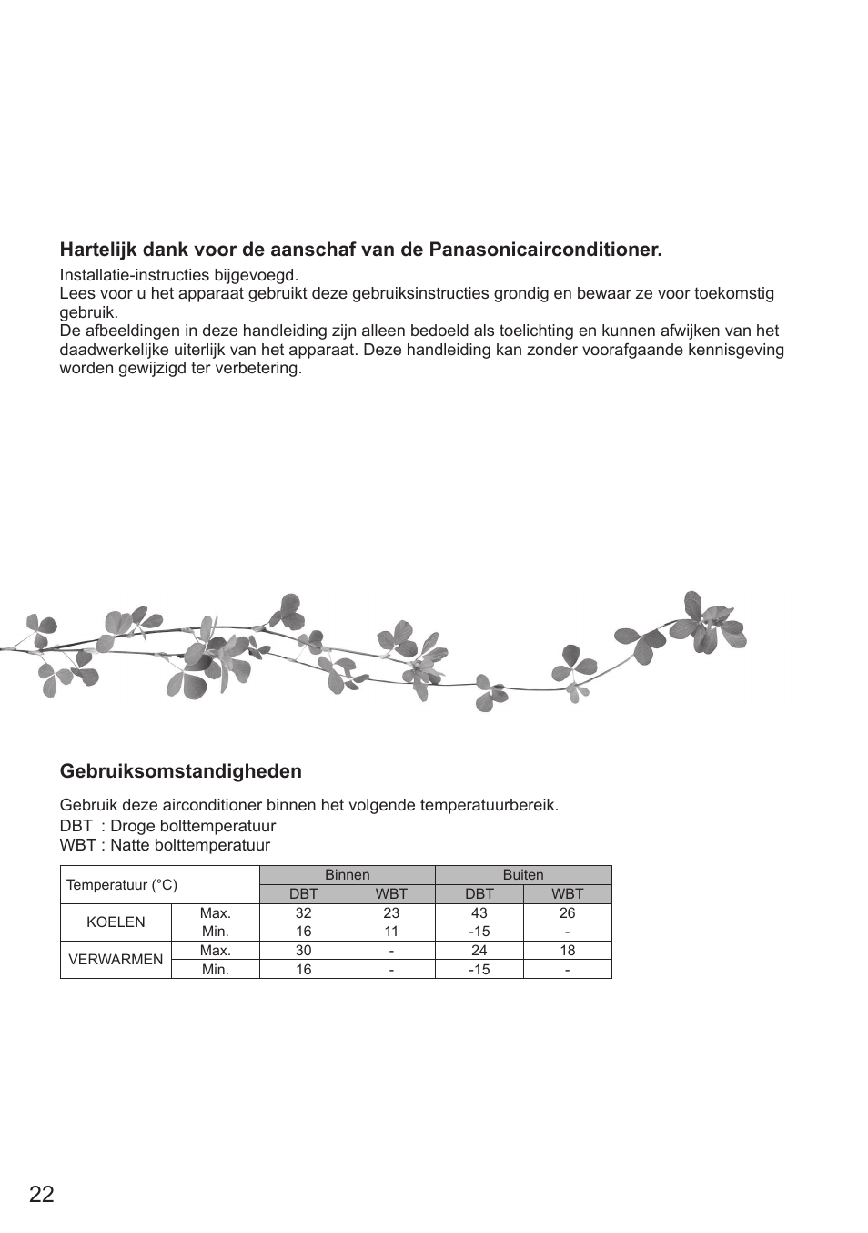 Gebruiksomstandigheden | Panasonic CSE9PKEA User Manual | Page 22 / 92