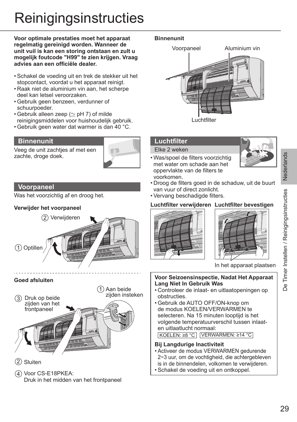Reinigingsinstructies | Panasonic CSE9PKEA User Manual | Page 29 / 92