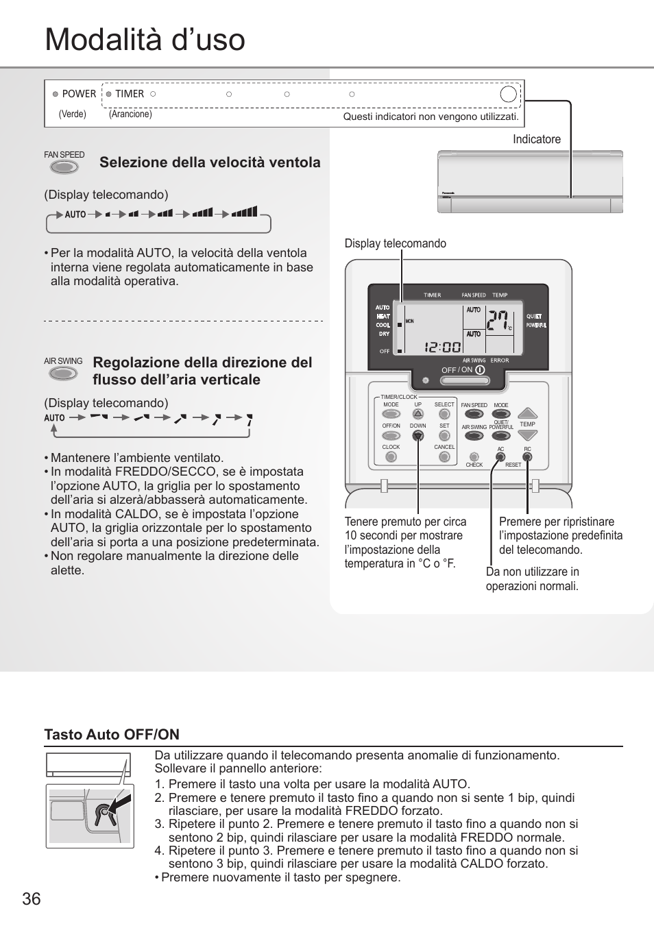 Modalità d’uso, Selezione della velocità ventola, Tasto auto off/on | Indicatore | Panasonic CSE9PKEA User Manual | Page 36 / 92