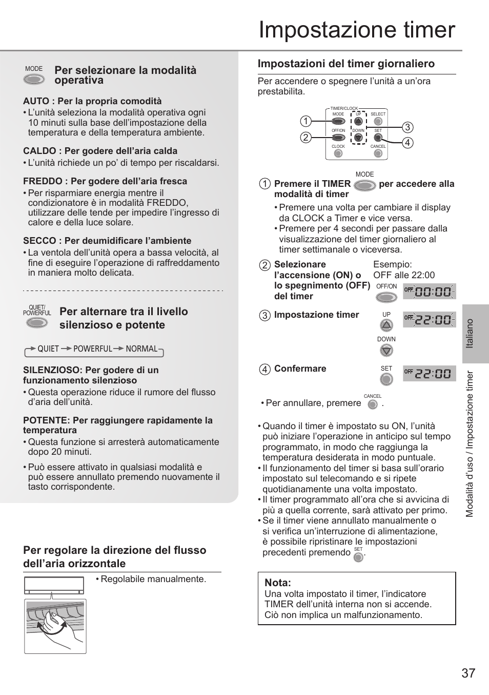 Impostazione timer, Impostazioni del timer giornaliero, Per selezionare la modalità operativa | Per alternare tra il livello silenzioso e potente, Nota | Panasonic CSE9PKEA User Manual | Page 37 / 92