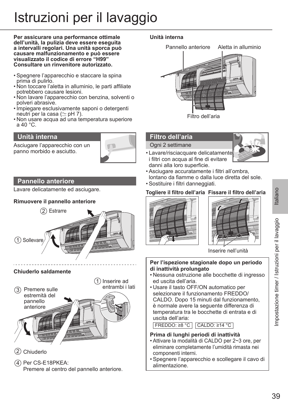 Istruzioni per il lavaggio | Panasonic CSE9PKEA User Manual | Page 39 / 92