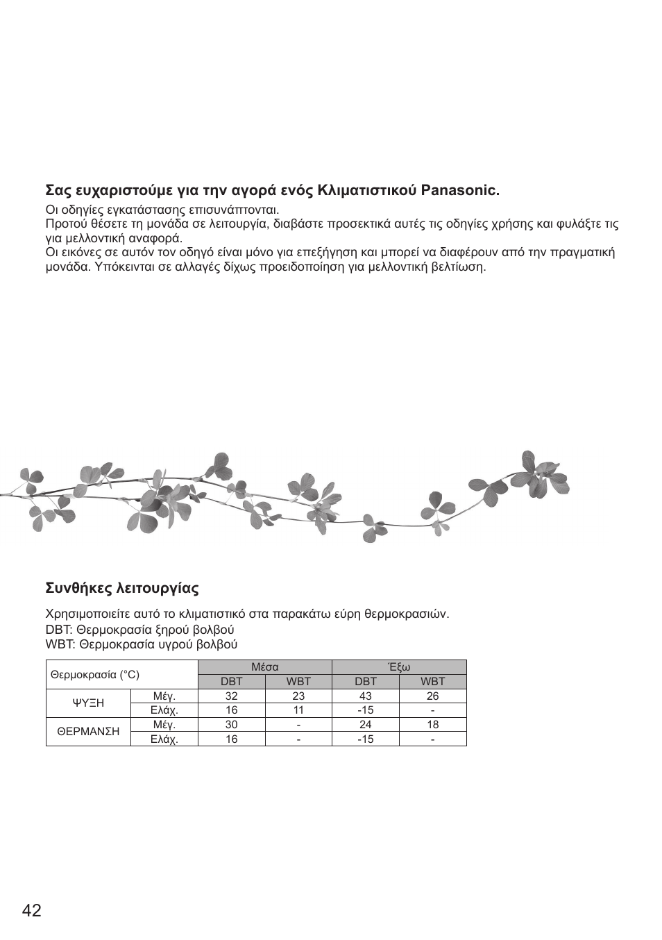 Συνθήκες λειτουργίας | Panasonic CSE9PKEA User Manual | Page 42 / 92