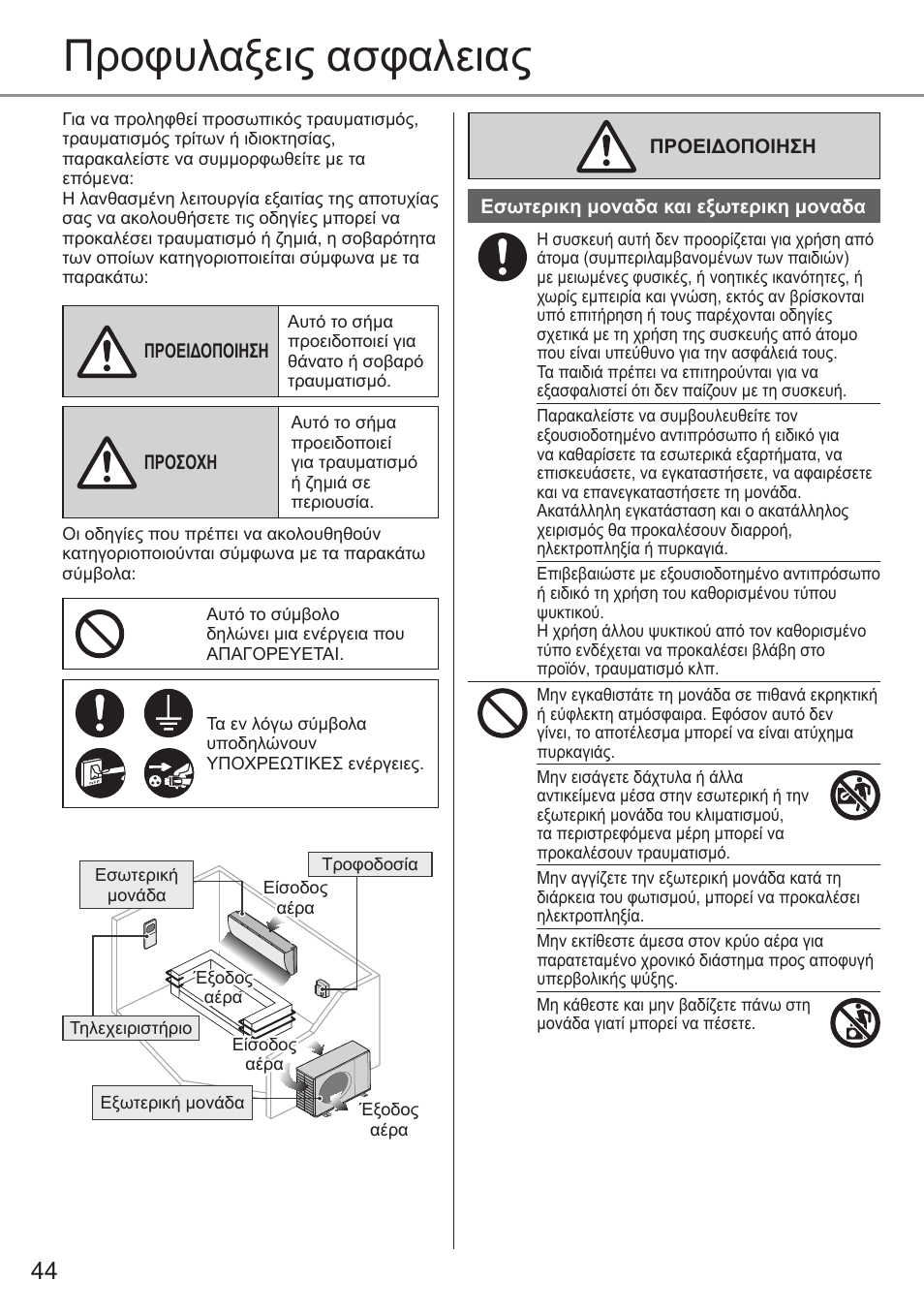 Προφυλαξεις ασφαλειας | Panasonic CSE9PKEA User Manual | Page 44 / 92