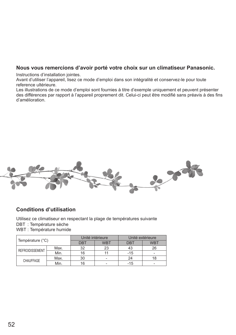 Conditions d’utilisation | Panasonic CSE9PKEA User Manual | Page 52 / 92