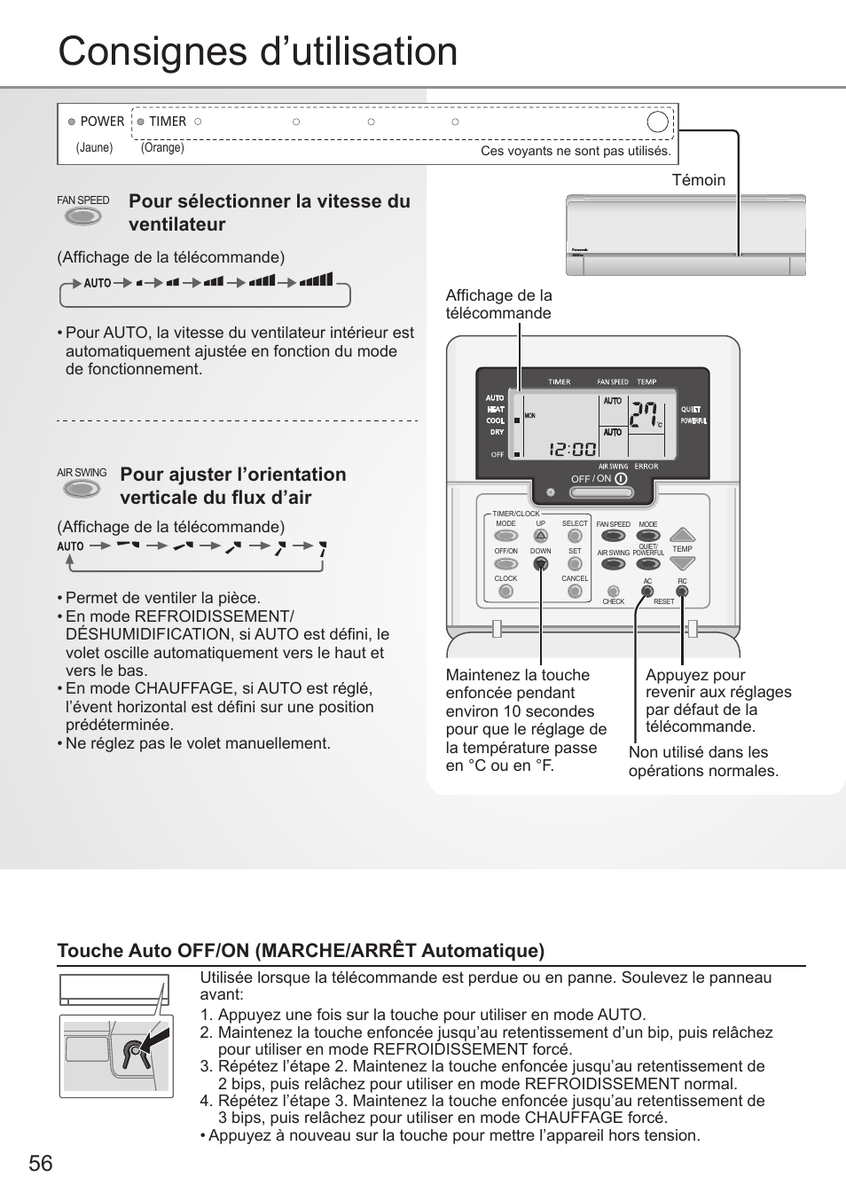 Consignes d’utilisation, Pour sélectionner la vitesse du ventilateur, Touche auto off/on (marche/arrêt automatique) | Témoin | Panasonic CSE9PKEA User Manual | Page 56 / 92