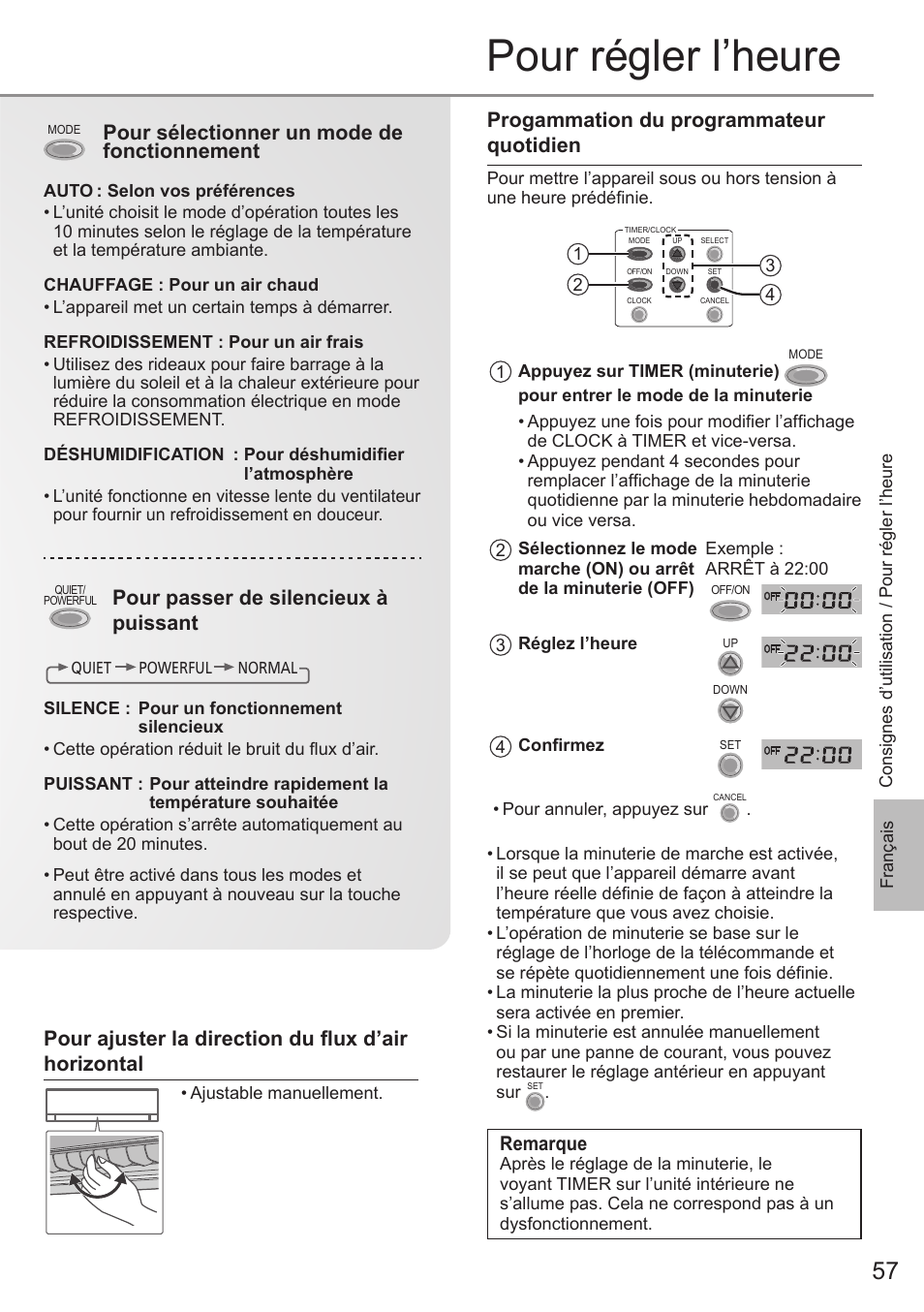 Pour régler l’heure, Progammation du programmateur quotidien, Pour sélectionner un mode de fonctionnement | Pour passer de silencieux à puissant | Panasonic CSE9PKEA User Manual | Page 57 / 92