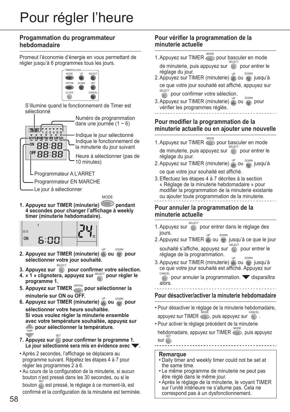 Pour régler l’heure, Progammation du programmateur hebdomadaire, Pour désactiver/activer la minuterie hebdomadaire | Remarque | Panasonic CSE9PKEA User Manual | Page 58 / 92