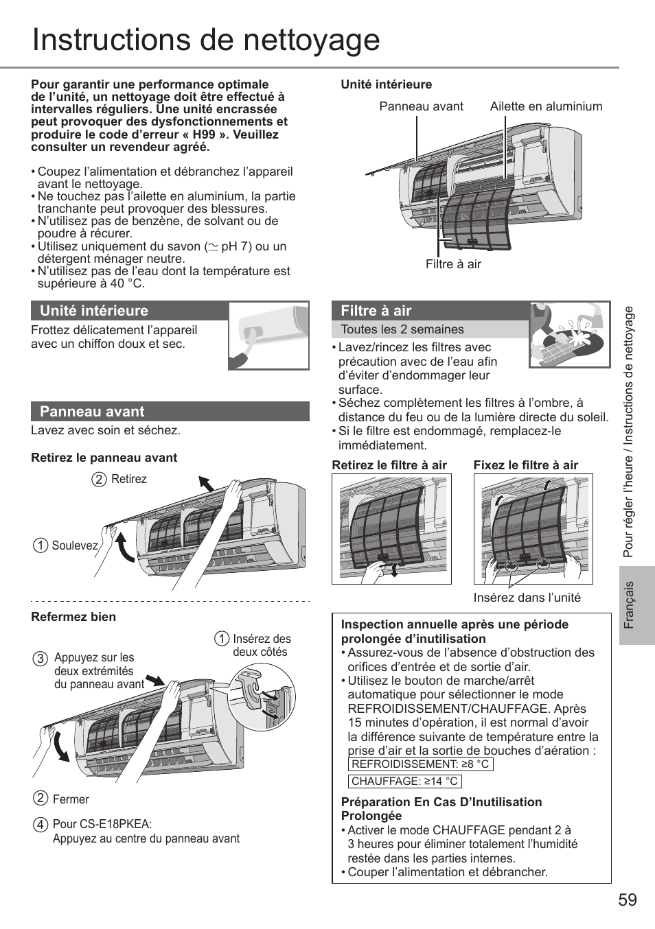 Instructions de nettoyage | Panasonic CSE9PKEA User Manual | Page 59 / 92