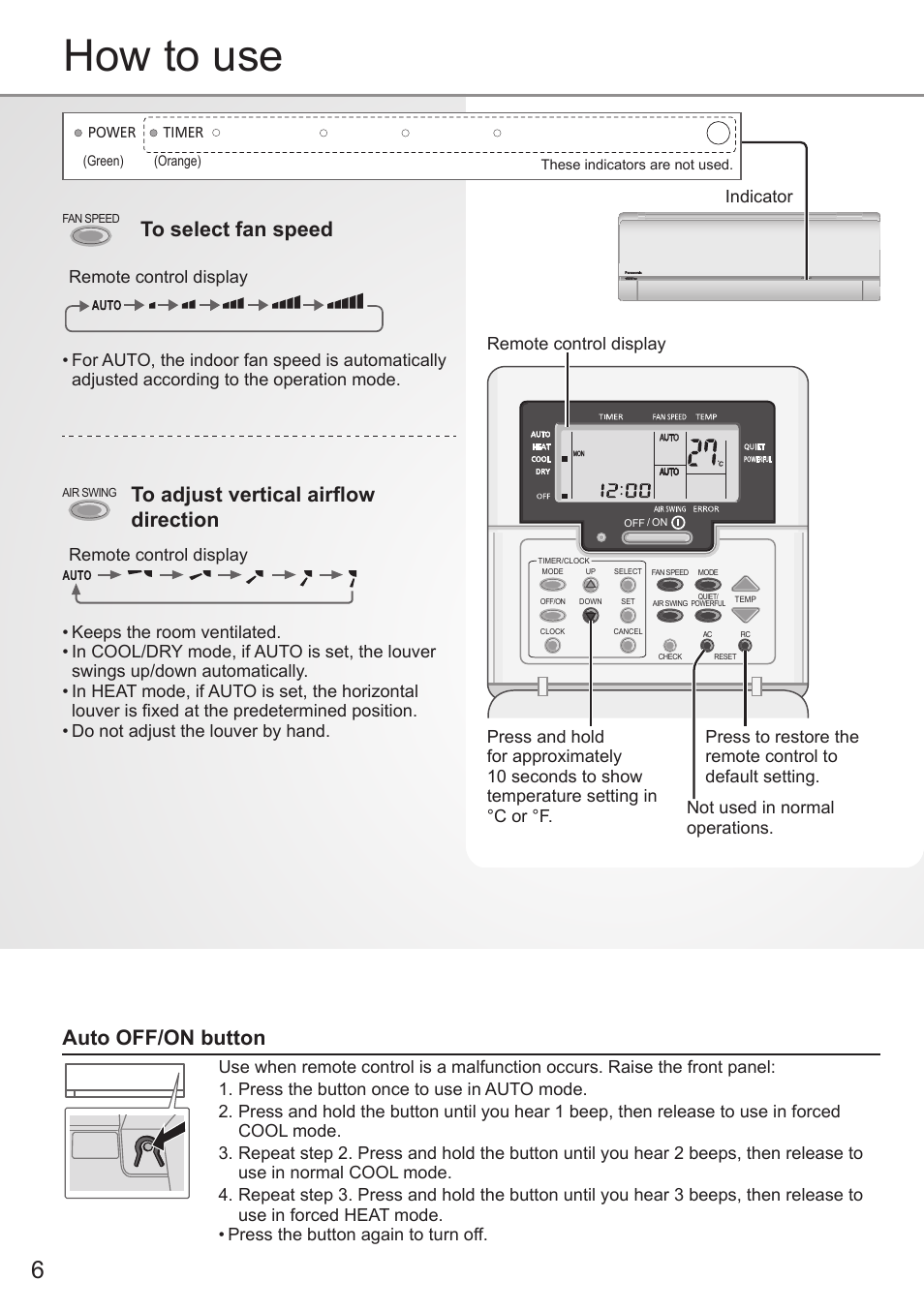How to use, Auto off/on button | Panasonic CSE9PKEA User Manual | Page 6 / 92