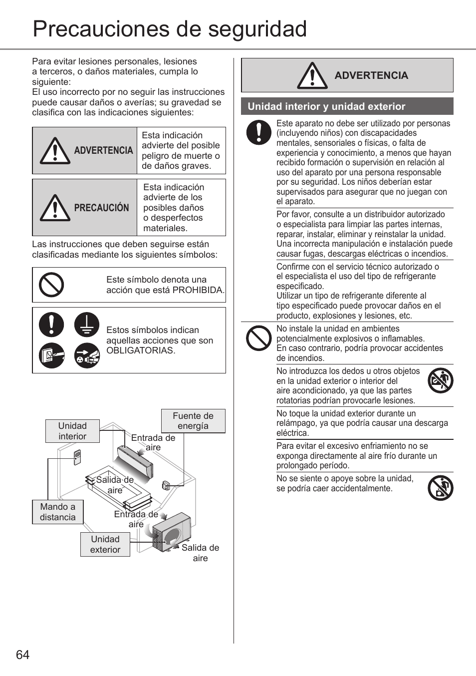 Precauciones de seguridad | Panasonic CSE9PKEA User Manual | Page 64 / 92