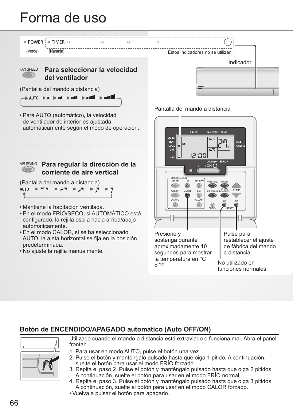Forma de uso, Para seleccionar la velocidad del ventilador, Indicador | Panasonic CSE9PKEA User Manual | Page 66 / 92