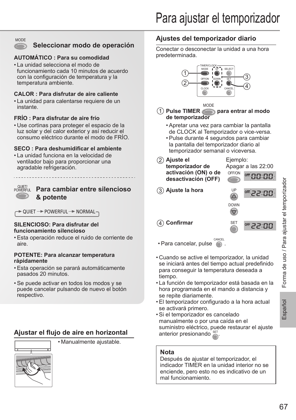 Para ajustar el temporizador, Ajustes del temporizador diario, Seleccionar modo de operación | Para cambiar entre silencioso & potente, Ajustar el fl ujo de aire en horizontal, Nota | Panasonic CSE9PKEA User Manual | Page 67 / 92