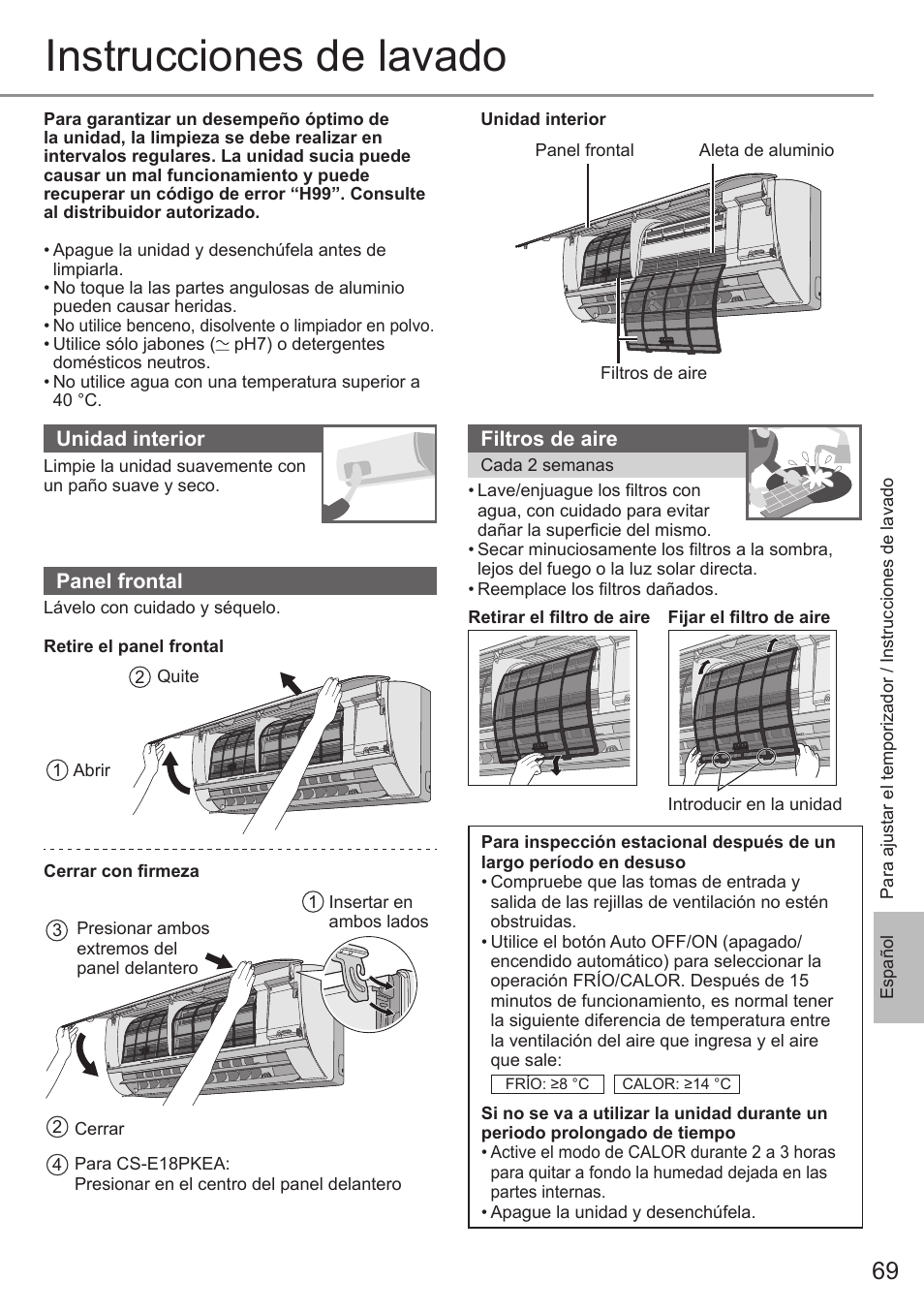 Instrucciones de lavado | Panasonic CSE9PKEA User Manual | Page 69 / 92