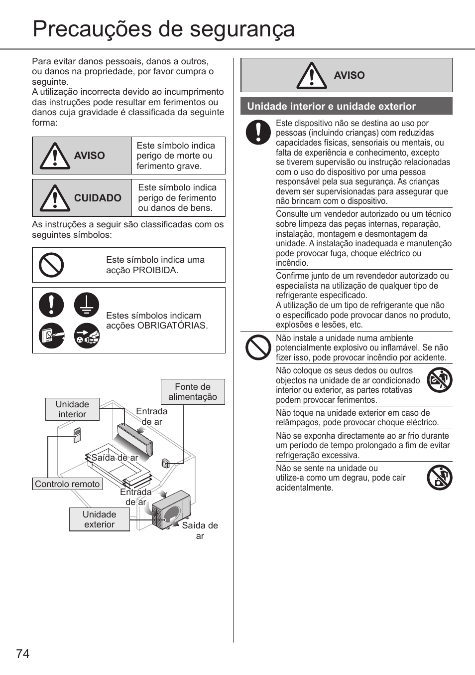Precauções de segurança | Panasonic CSE9PKEA User Manual | Page 74 / 92