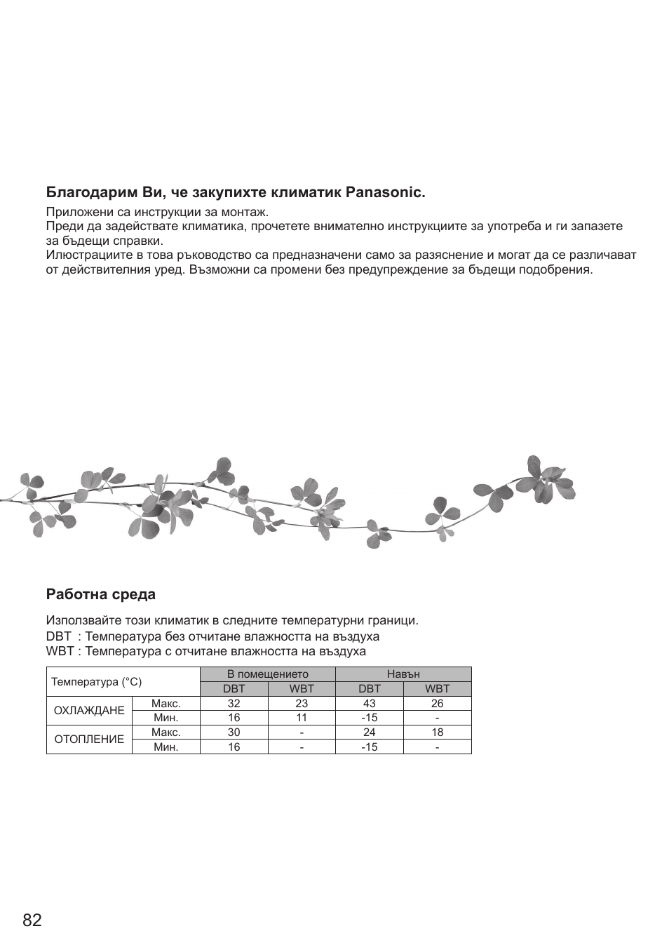 Работна среда, Благодарим ви, че закупихте климатик panasonic | Panasonic CSE9PKEA User Manual | Page 82 / 92