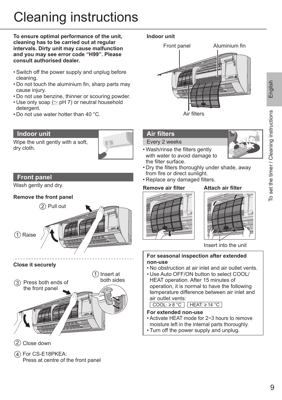 Cleaning instructions | Panasonic CSE9PKEA User Manual | Page 9 / 92