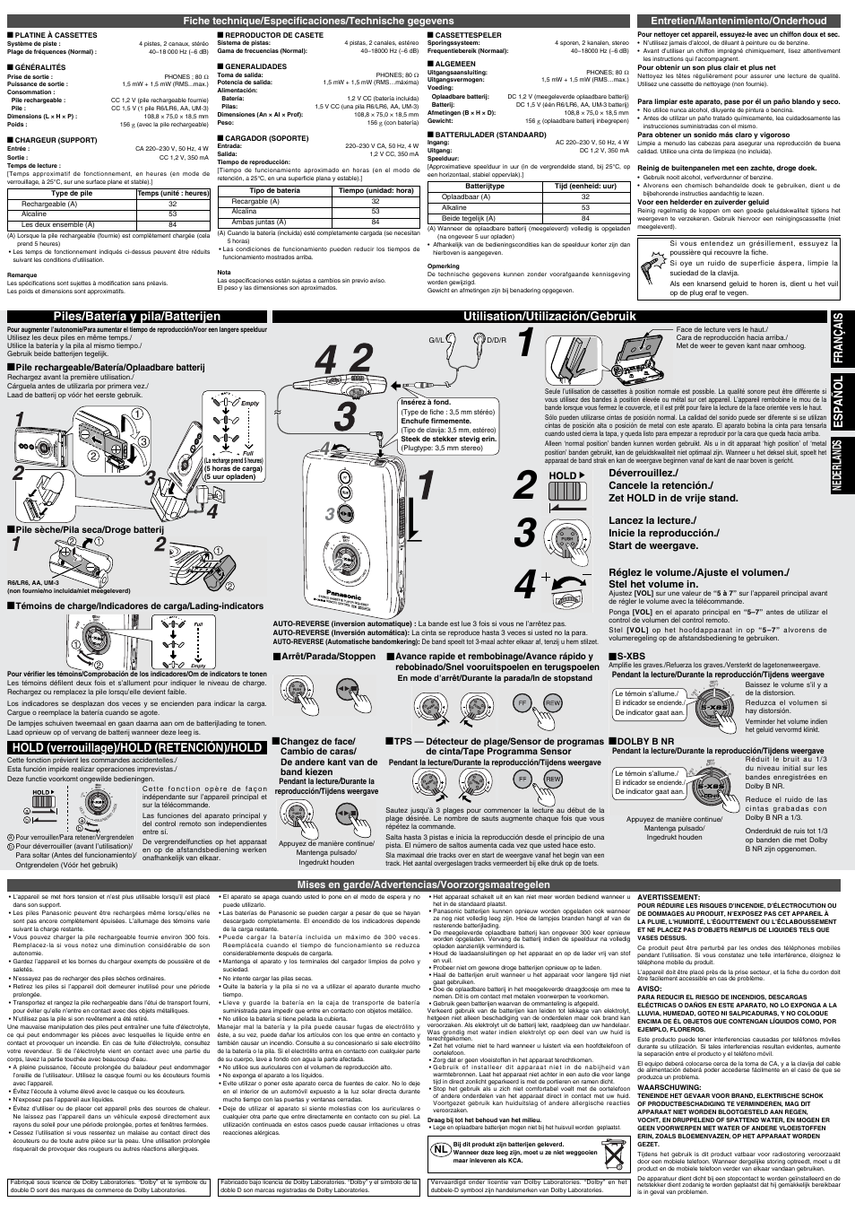 Piles/batería y pila/batterijen, Hold (verrouillage)/hold (retención)/hold, Utilisation/utilización/gebruik | Français español nederlands, Entretien/mantenimiento/onderhoud, Mises en garde/advertencias/voorzorgsmaatregelen | Panasonic RQSX57 User Manual | Page 2 / 4