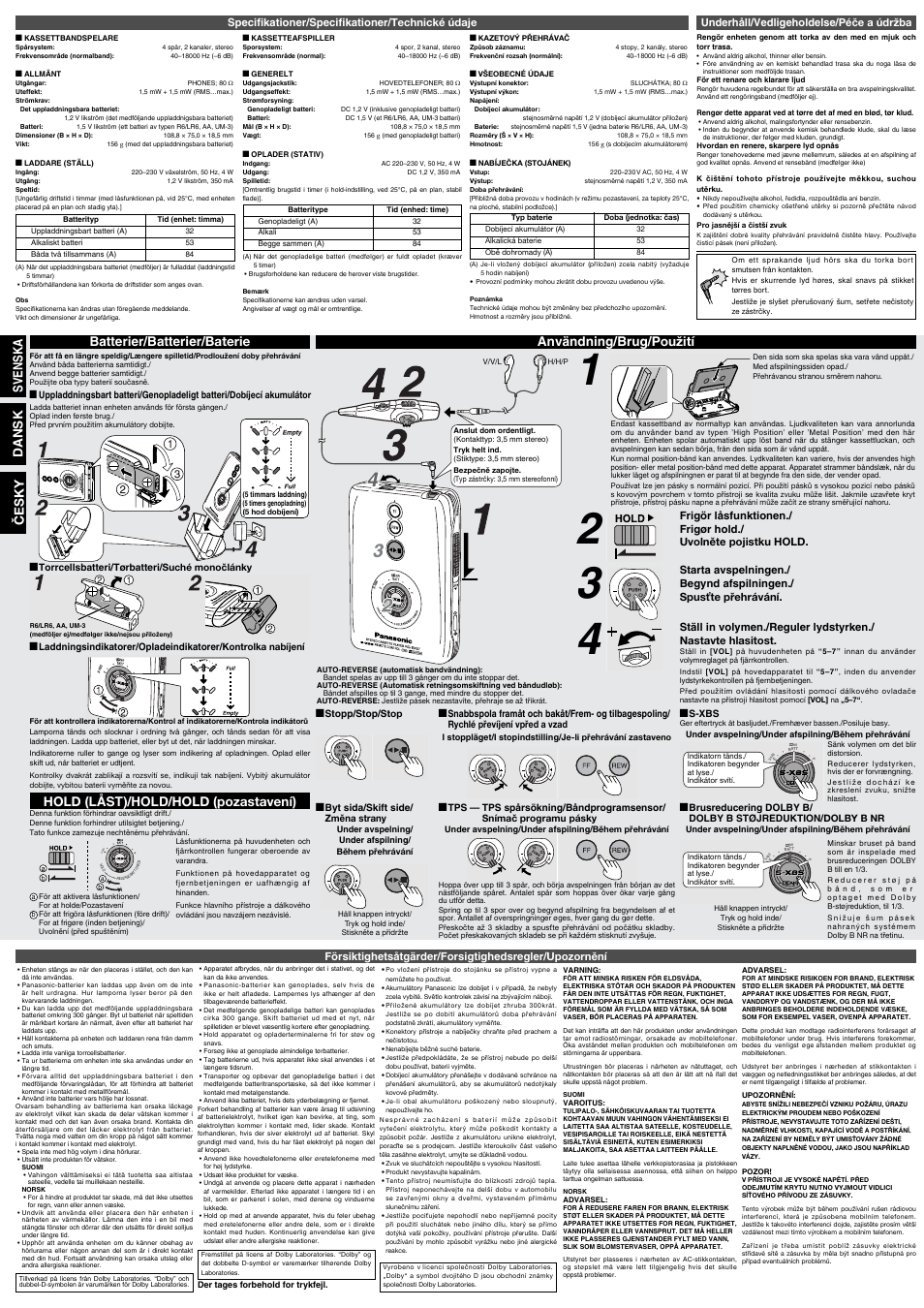 Batterier/batterier/baterie, Hold ( låst)/hold/hold (pozastavení), Användning/brug/použití | Svenska dansk č esky, Specifi kationer/specifi kationer/technické údaje, Underhåll/vedligeholdelse/péče a údržba | Panasonic RQSX57 User Manual | Page 3 / 4