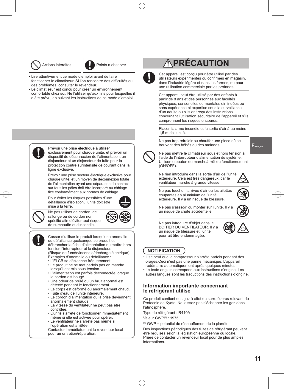 Avertissement précaution | Panasonic S106MF2E5A User Manual | Page 11 / 108