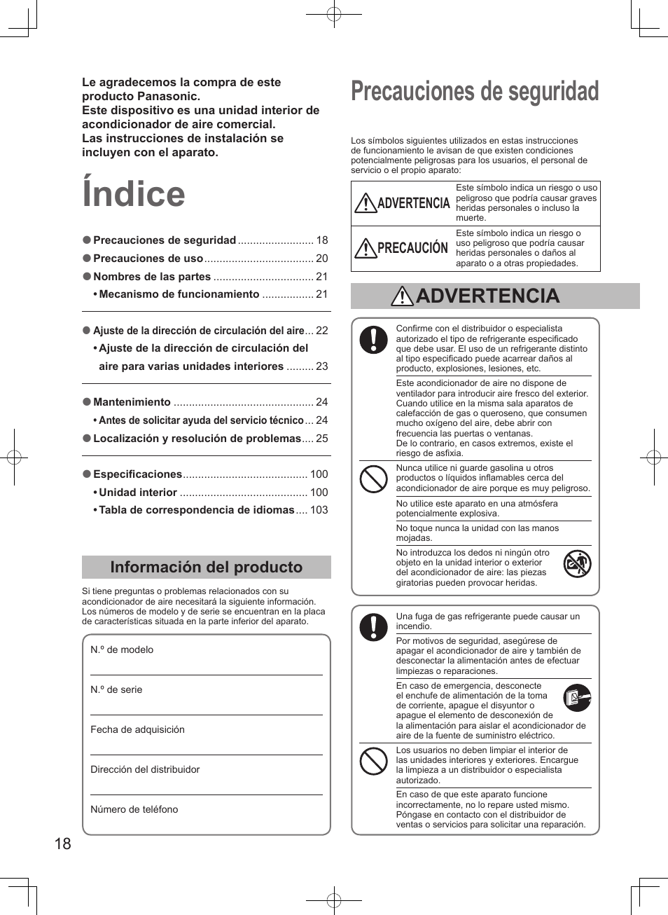 Índice, Precauciones de seguridad, Información del producto | Advertencia, Precaución | Panasonic S106MF2E5A User Manual | Page 18 / 108