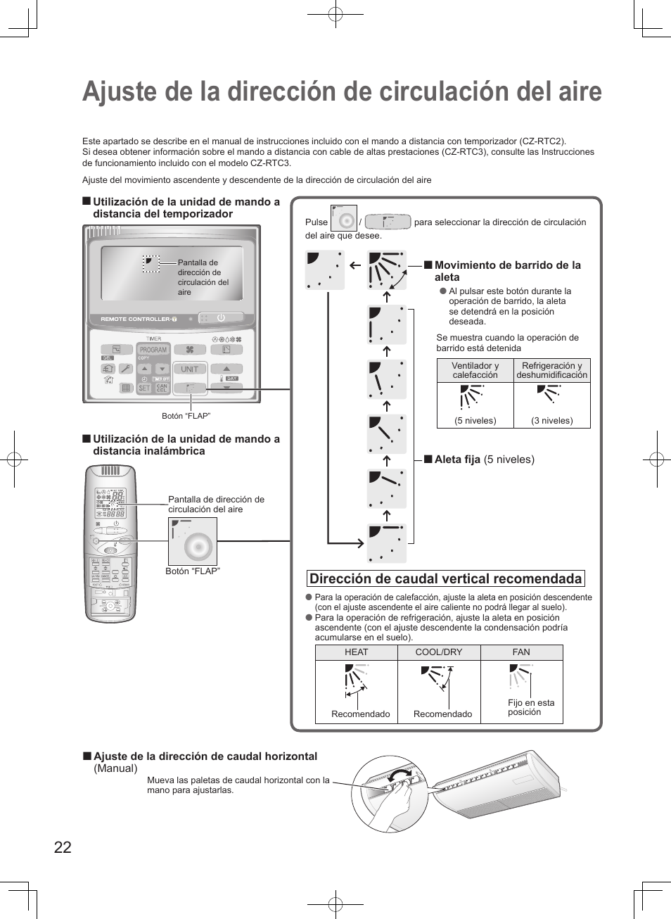 Ajuste de la dirección de circulación del aire, Dirección de caudal vertical recomendada | Panasonic S106MF2E5A User Manual | Page 22 / 108