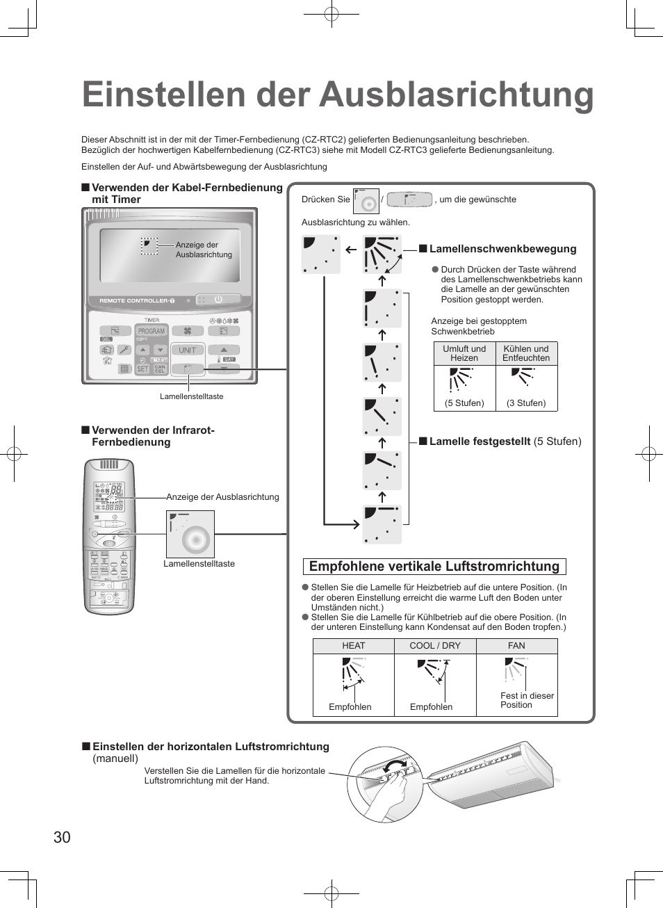 Einstellen der ausblasrichtung, Empfohlene vertikale luftstromrichtung | Panasonic S106MF2E5A User Manual | Page 30 / 108