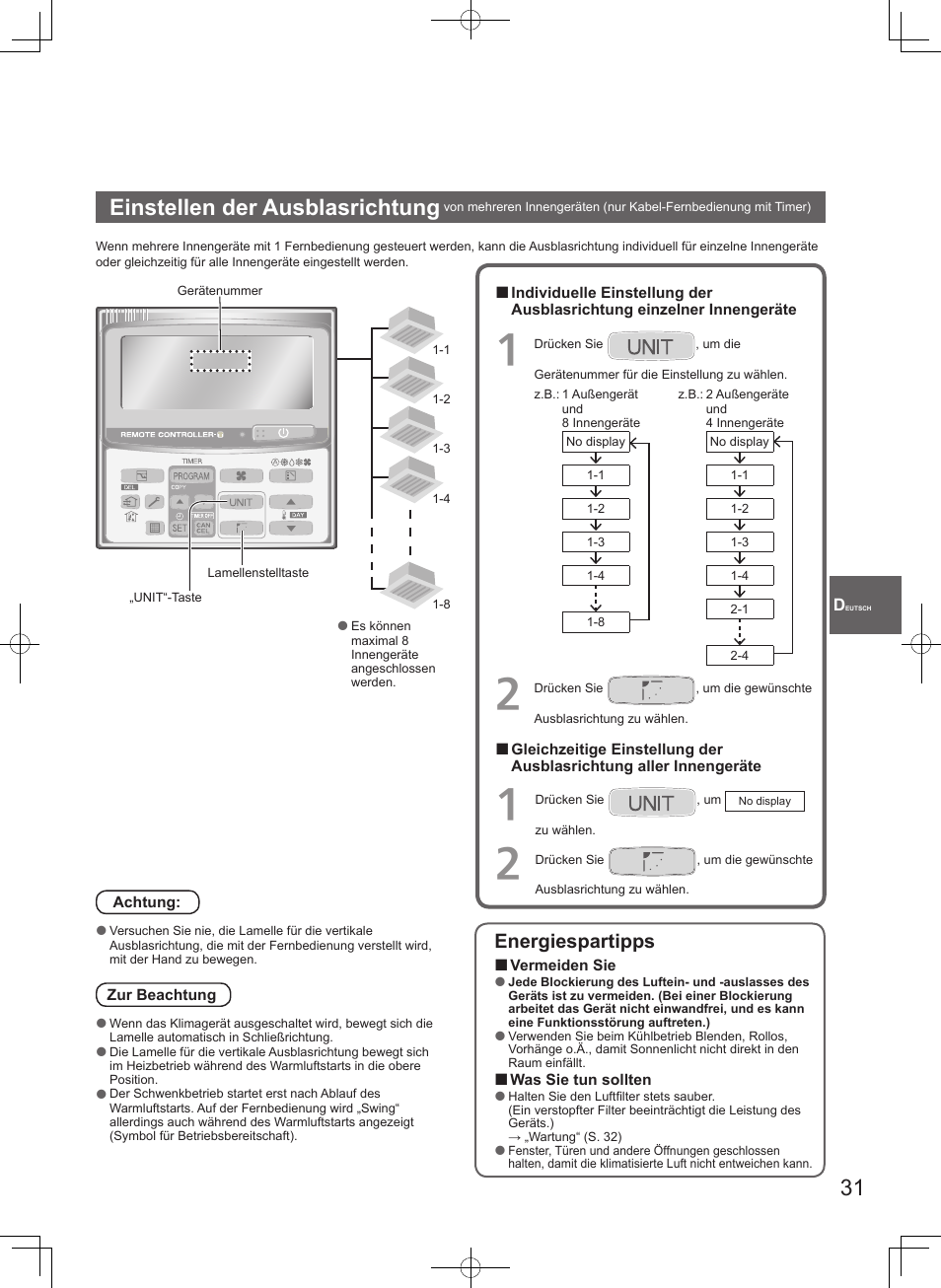Einstellen der ausblasrichtung, Energiespartipps | Panasonic S106MF2E5A User Manual | Page 31 / 108