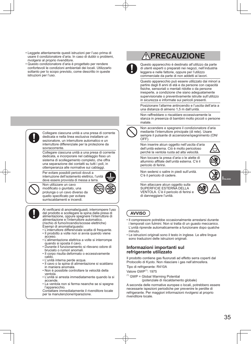 Avvertimento precauzione | Panasonic S106MF2E5A User Manual | Page 35 / 108