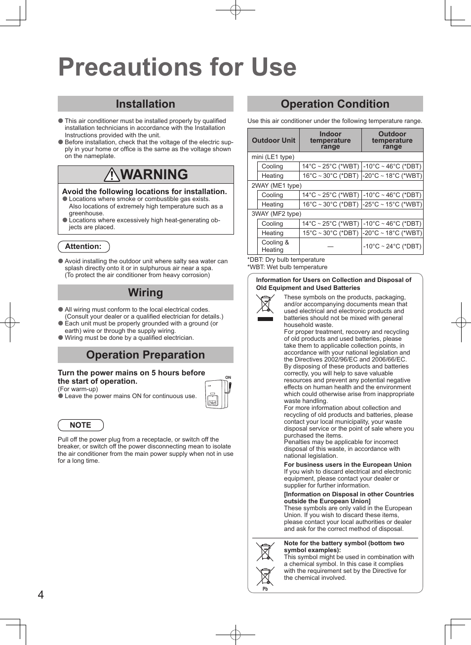 Precautions for use, Warning, Installation | Wiring, Operation preparation, Operation condition | Panasonic S106MF2E5A User Manual | Page 4 / 108