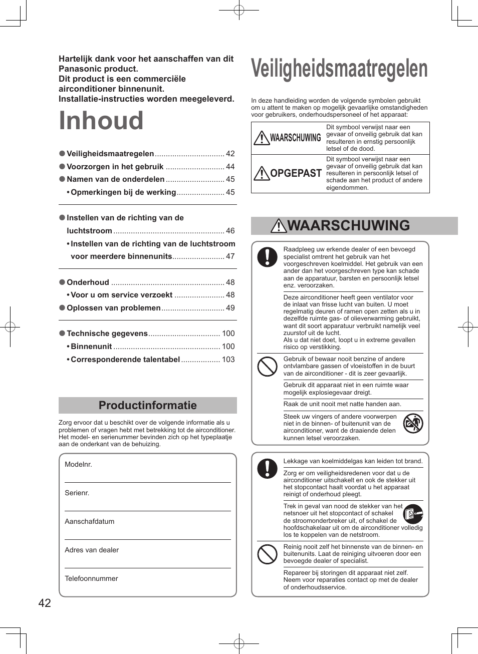 Inhoud veiligheidsmaatregelen, Productinformatie, Waarschuwing | Opgepast | Panasonic S106MF2E5A User Manual | Page 42 / 108