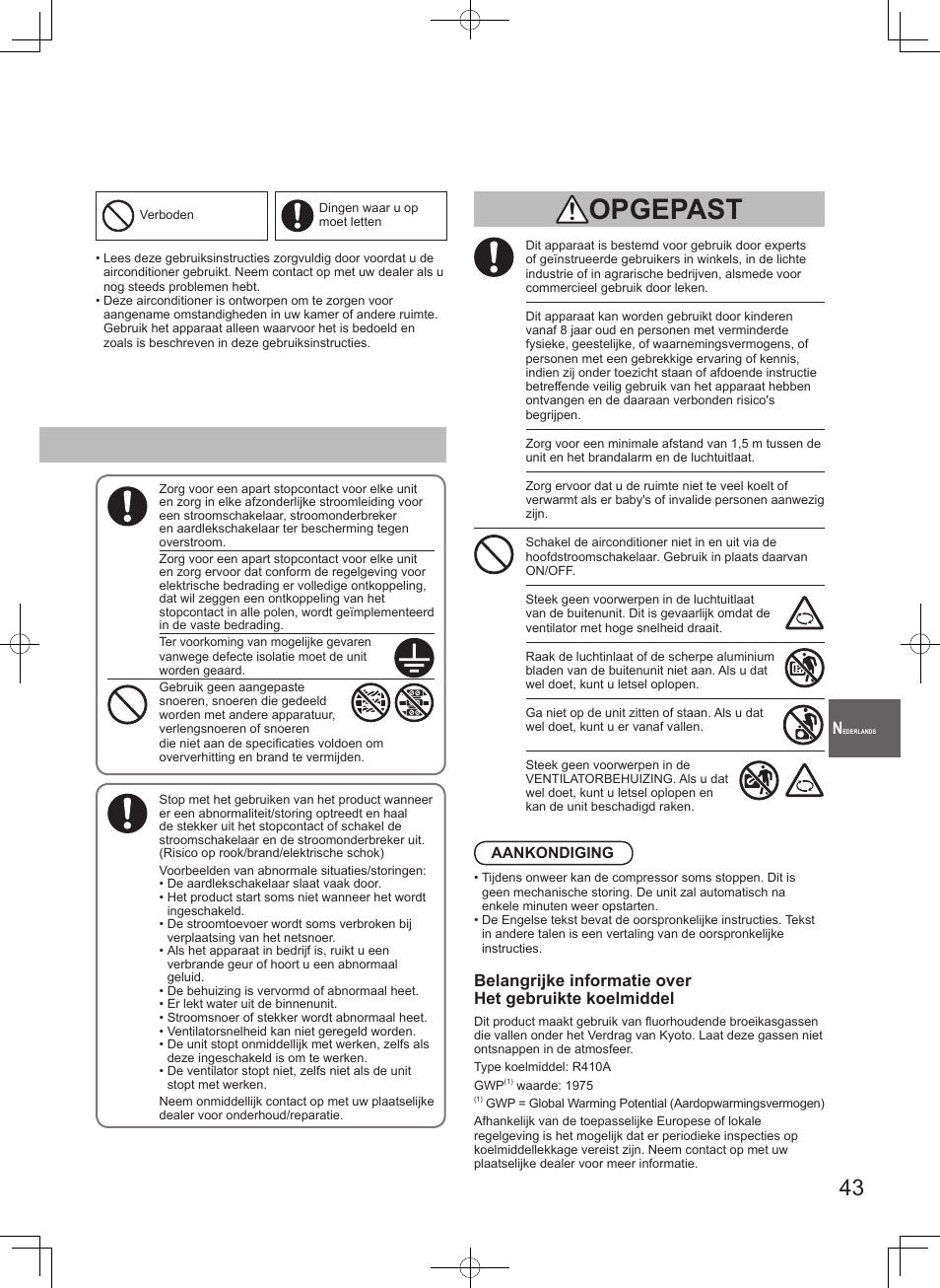 Waarschuwing opgepast | Panasonic S106MF2E5A User Manual | Page 43 / 108