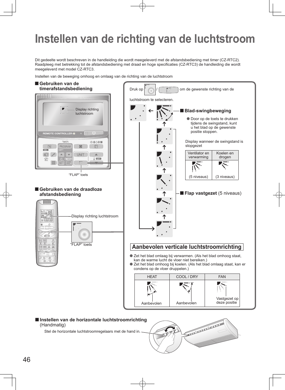 Instellen van de richting van de luchtstroom, Aanbevolen verticale luchtstroomrichting | Panasonic S106MF2E5A User Manual | Page 46 / 108