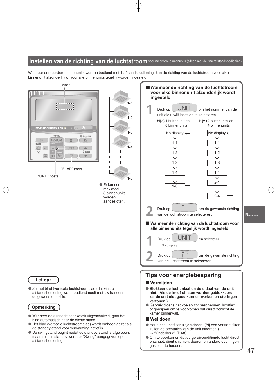 Instellen van de richting van de luchtstroom, Tips voor energiebesparing | Panasonic S106MF2E5A User Manual | Page 47 / 108