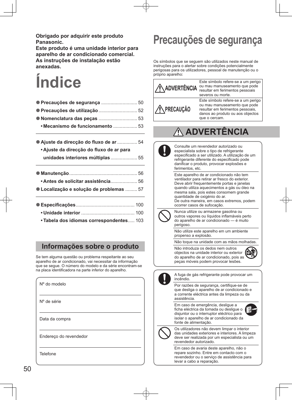 Índice, Precauções de segurança, Informações sobre o produto | Advertência, Precaução | Panasonic S106MF2E5A User Manual | Page 50 / 108