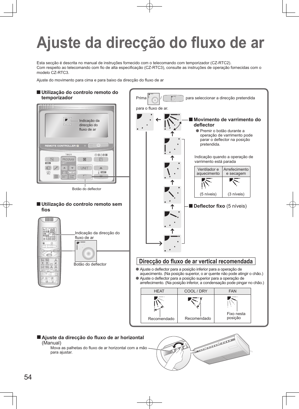 Ajuste da direcção do fluxo de ar, Direcção do fluxo de ar vertical recomendada | Panasonic S106MF2E5A User Manual | Page 54 / 108