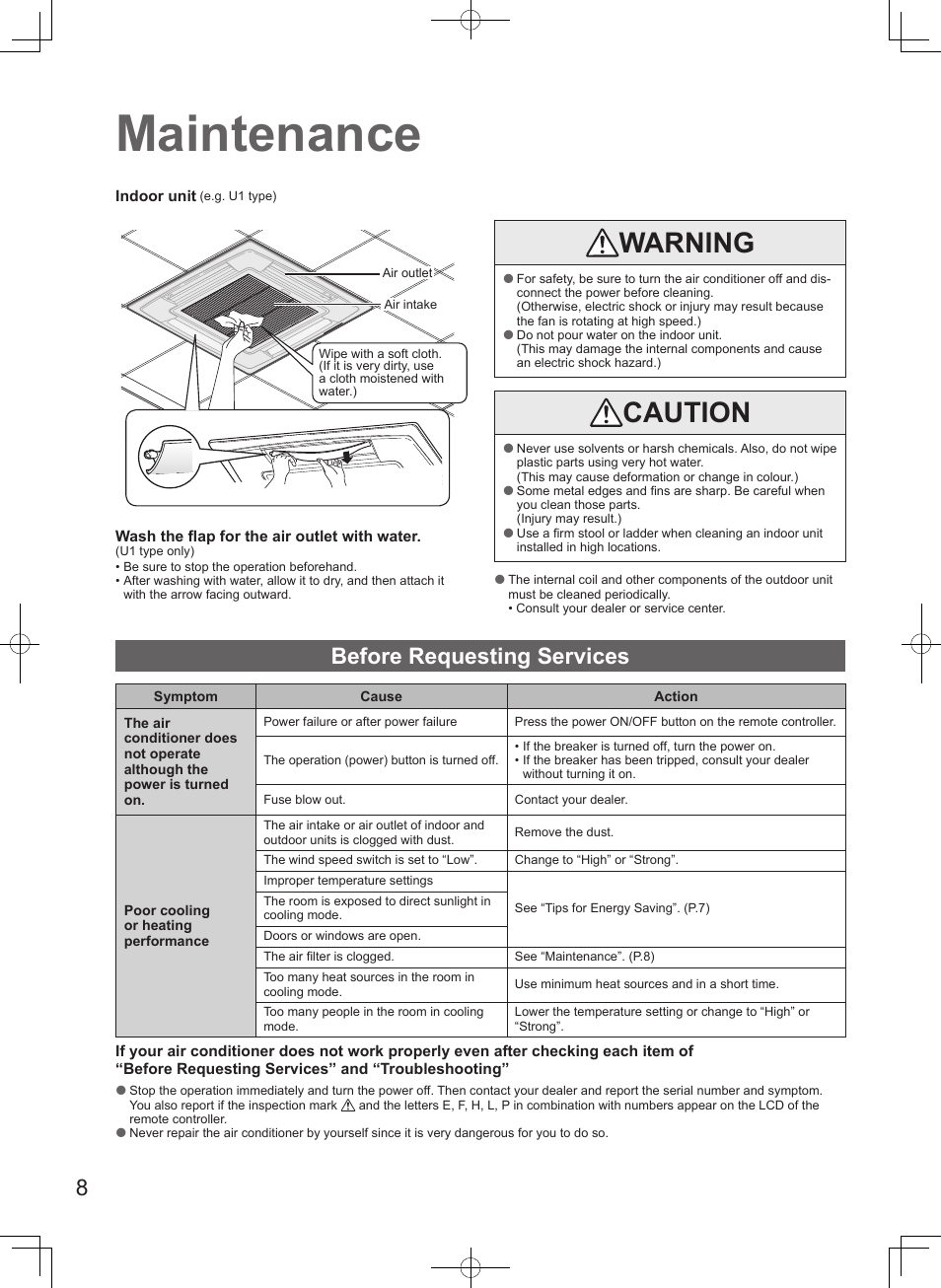 Maintenance, Warning, Caution | Before requesting services | Panasonic S106MF2E5A User Manual | Page 8 / 108