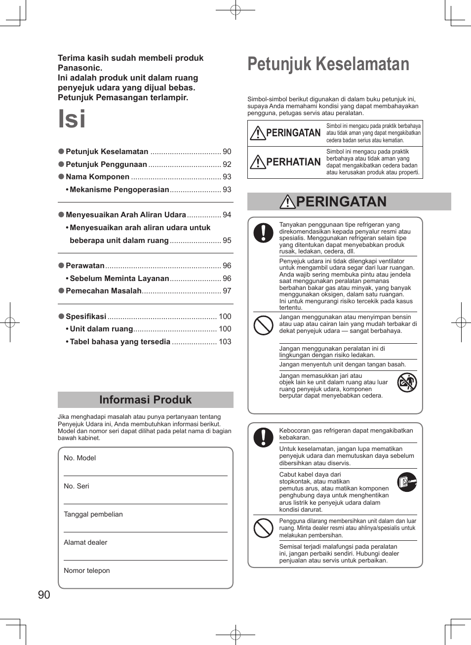 Petunjuk keselamatan, Informasi produk, Peringatan | Perhatian | Panasonic S106MF2E5A User Manual | Page 90 / 108