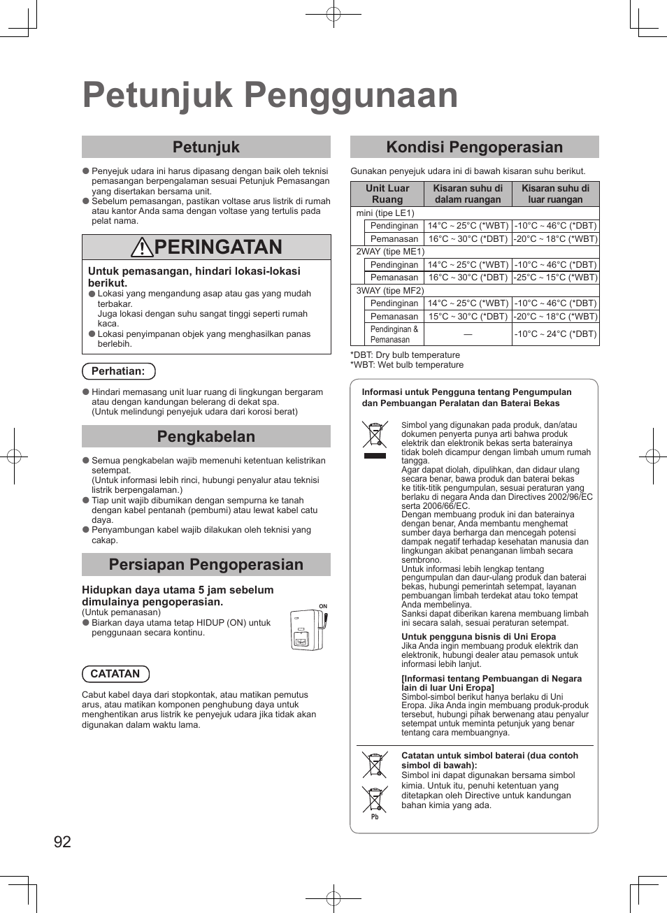 Petunjuk penggunaan, Peringatan, Petunjuk | Pengkabelan, Persiapan pengoperasian, Kondisi pengoperasian | Panasonic S106MF2E5A User Manual | Page 92 / 108
