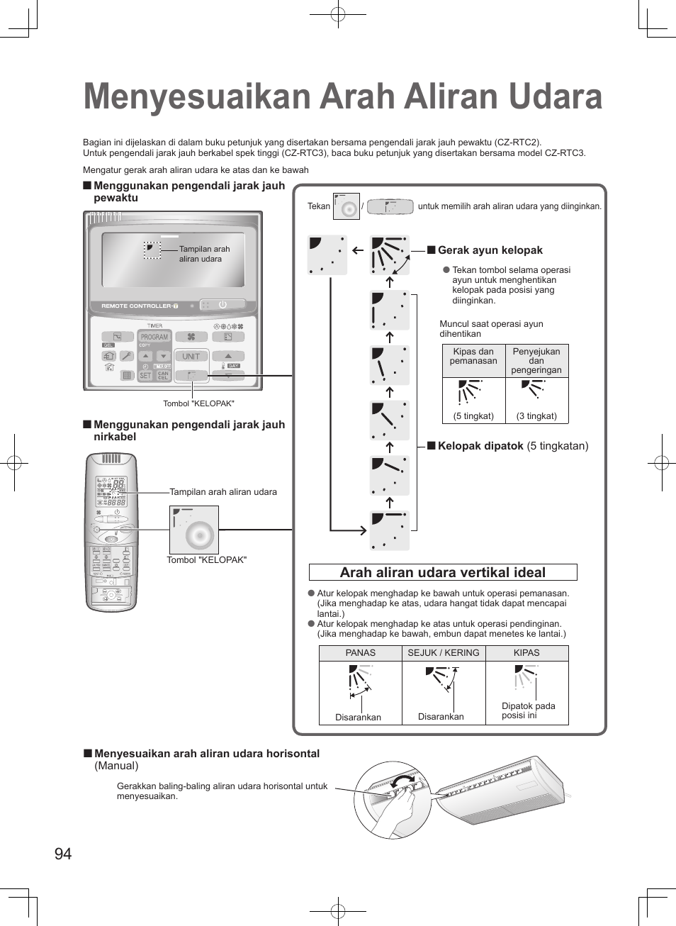 Menyesuaikan arah aliran udara, Arah aliran udara vertikal ideal | Panasonic S106MF2E5A User Manual | Page 94 / 108
